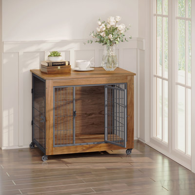 32.5" Dog Crate Furniture With Wheels For Small Dogs, Heavy Duty Dog Kennel Indoor With 2 Doors, Wooden Pet Cage End Table, Double-Doors Sturdy Metal Dog Cage For Anxiety Dog