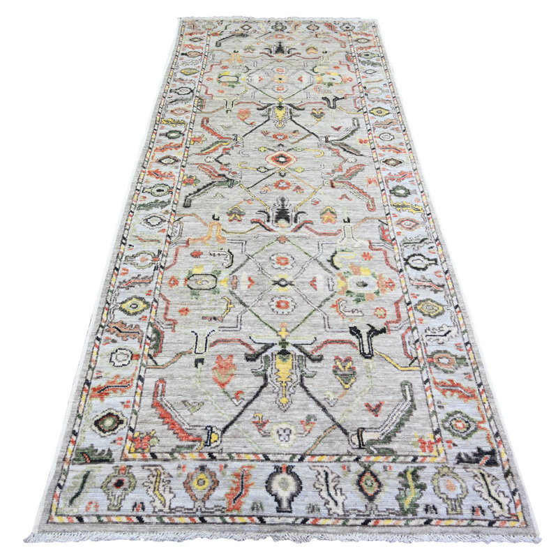 Tapis de couloir en laine noué à la main 4 pi x 9 pi 10 po gris argenté Angora Oushak 97E7AD1A6E95424FAD1312E1619B08FC