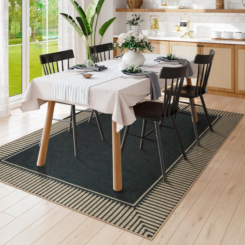 Tapis noir et beige à bordure art déco 5 pi x 7 pi pour hall d'entrée de chambre à coucher