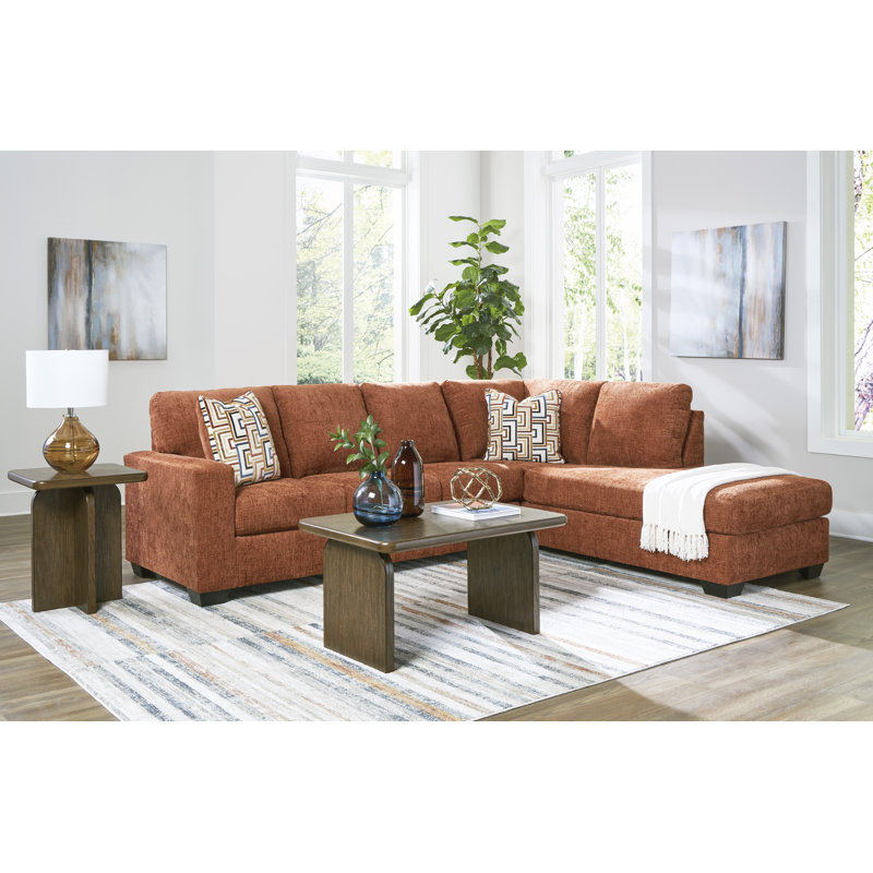 Canapé modulaire 2 pièces avec méridienne Kleban, Polyester orange, Orienté à droite