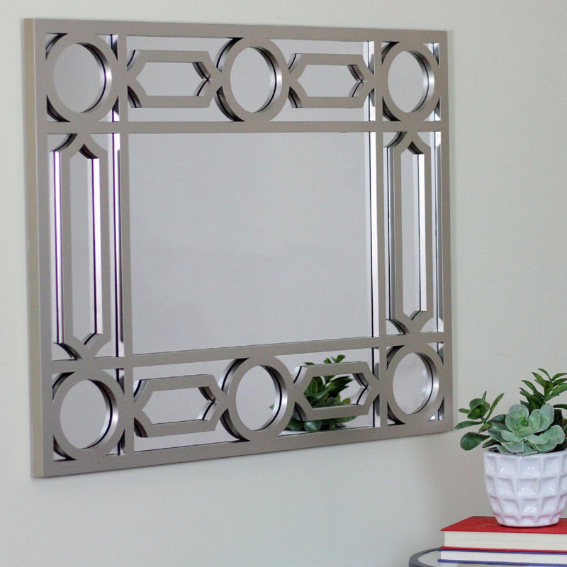 29.5" Framed Geometric Openwork Rectangular Wall Mirror, Gray