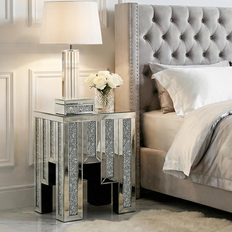 Crushed Diamond Side Table - Mirrored Accent End Table & Sofa Table for Living Room Decor, Crystal Inlaid Silver Nightstand with Glass Top for Bedroom