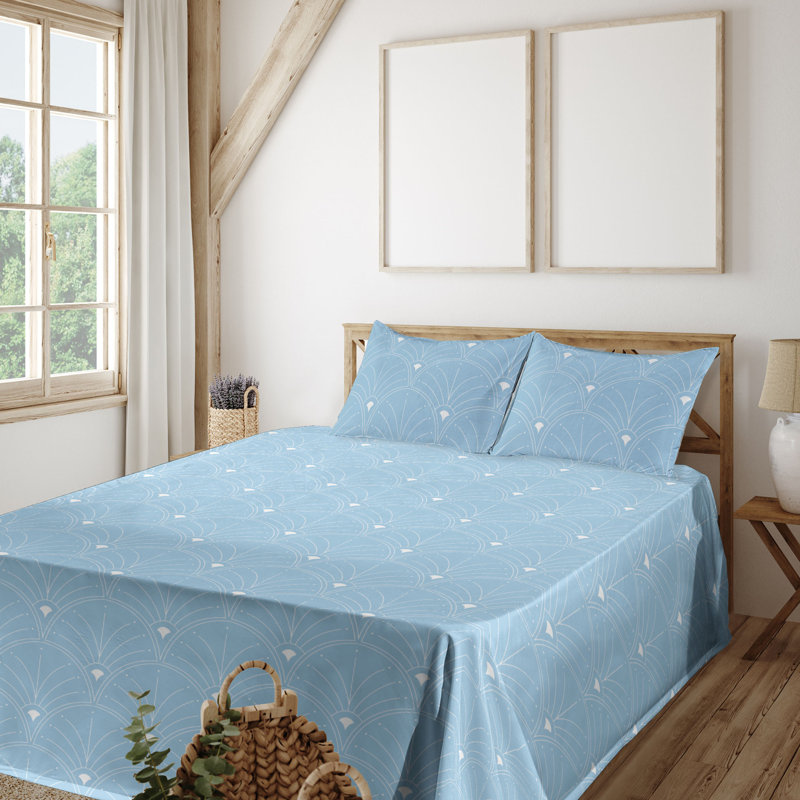 Pale Blue and White Microfiber Geometric King Sheet Set