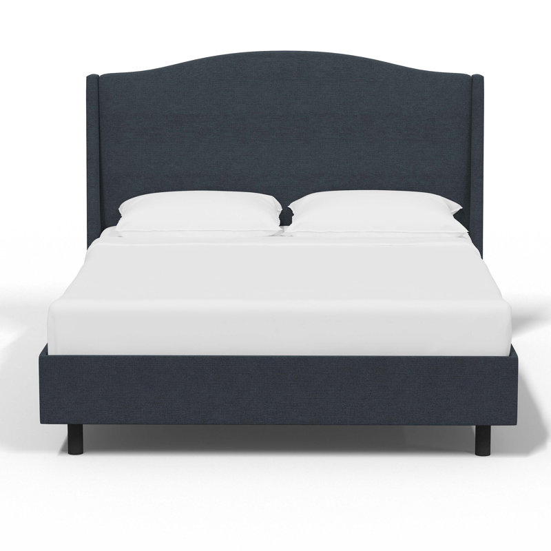 Lit plateforme tapissier, Lin bleu marine classique, Double