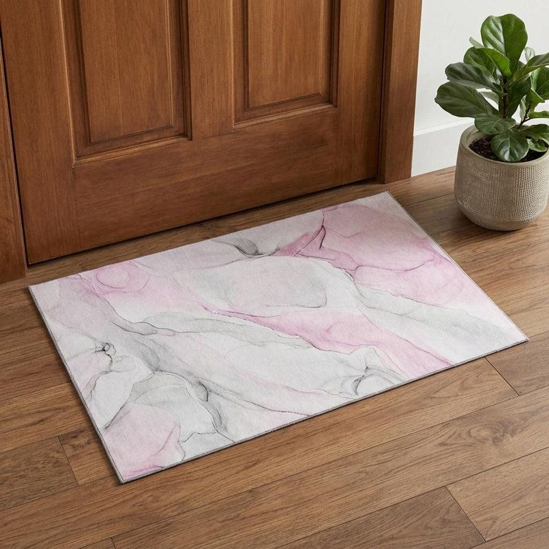 3' X 5' Pink And Ivory Abstract Washable Area Rug With UV Protection