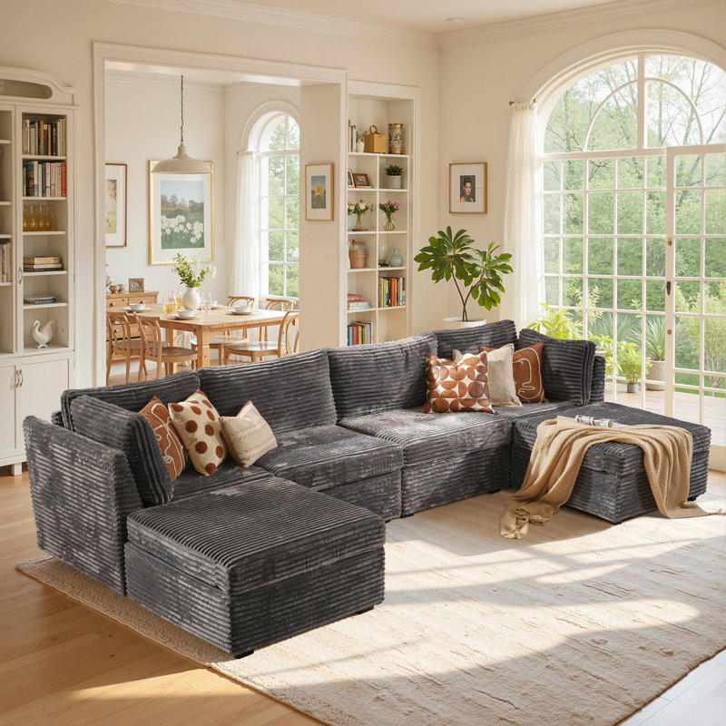 Cloudelle 6 - Piece Polyester Fabric Sectional, Gray Corduroy