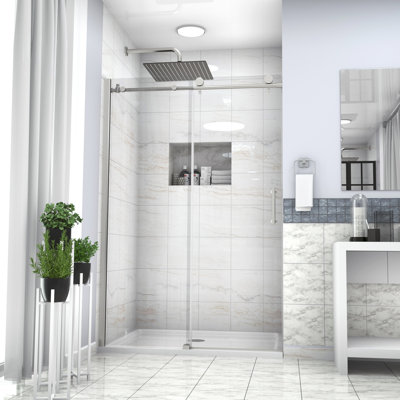 48"X76" Single Sliding Shower Enclosure In Brushed Nickel - 8Mm Thick Tempered Glass, Bathroom Glamour Adjustable For Wall Hardware Finish 48" W X 76" H Door Modern Look Reversible Option Convenience
