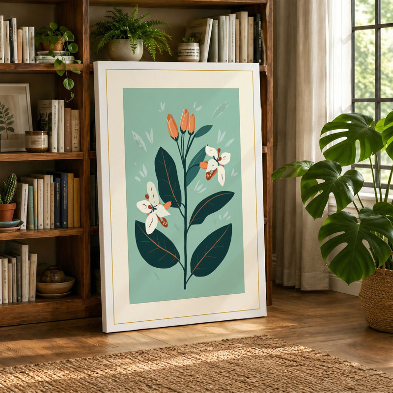 Flowering Plant Study Botanical - Wrapped Canvas, 36x24 - 91.4 x 61.0 cm, Ochre Border