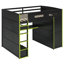 Lit mezzanine en bois avec bureau, garde-robe, grand espace de rangement et lumière RVB-110384679