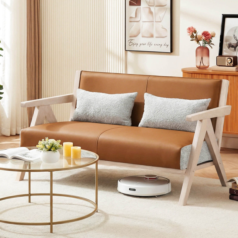 Fauteuil avec causeuse pour petits espaces et causeuse brun, Chenille;Faux Leather