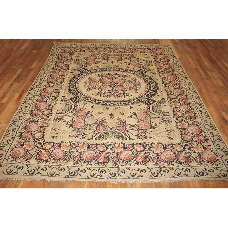 Rare Mid 19th Century Flat Woven Antique Floral Medallion Bessarabian Kilim Rug