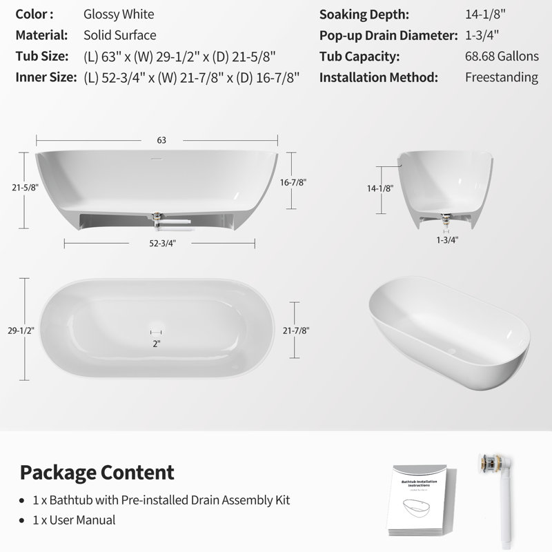 Baignoire autoportante 63 po avec bonde escamotable 63 po, blanc brillant, résine haute densité, isolation thermique, baignoire d'ingénierie à surface solide relaxante pour tout le corps, surface non poreuse, craquelée, spacieuse