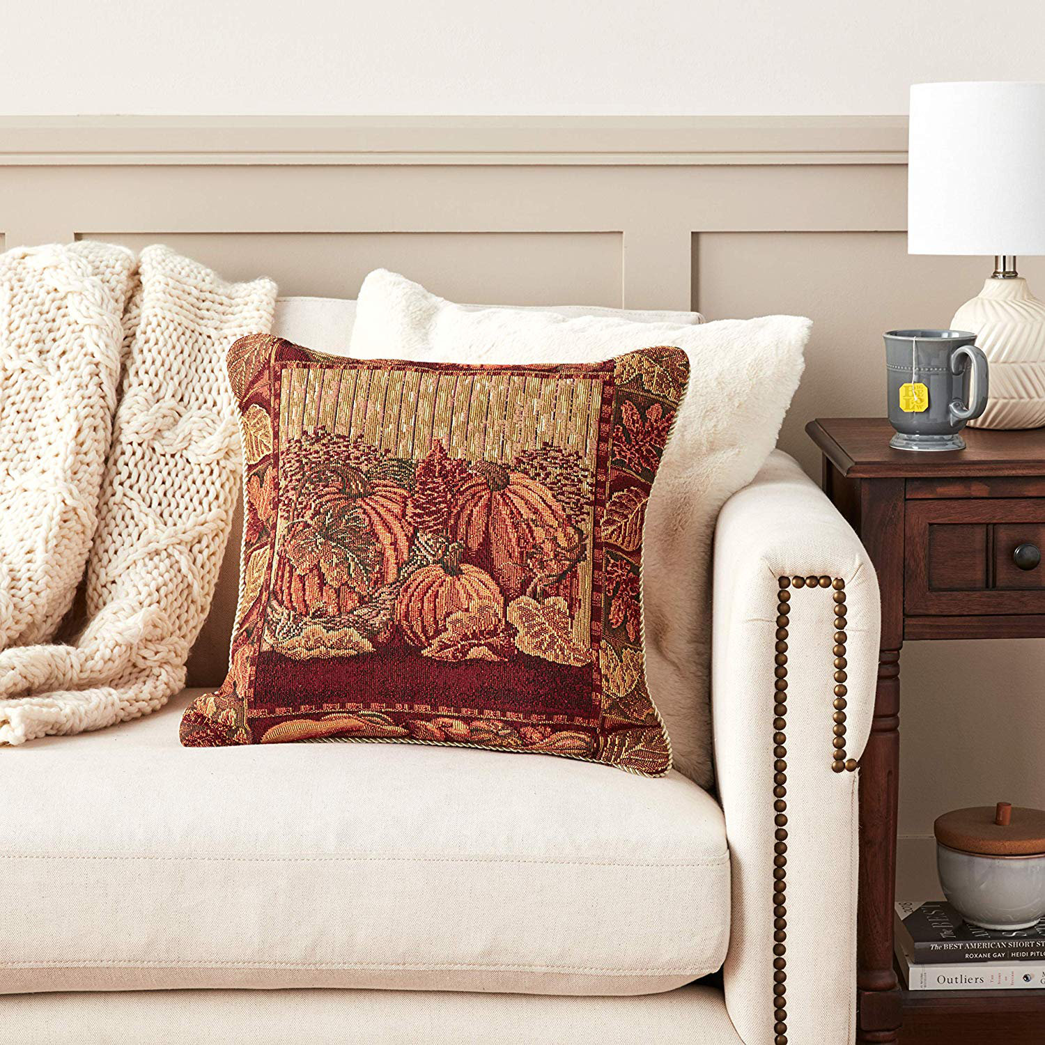 Violet Linen Fall Harvest Pumpkins and Autumn Leaves Throw Pillow