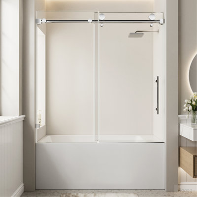 56"-60" W x 60" H Frameless Single Sliding Shower Door, Chrome Bathtub Door, 5/16" (8mm) Clear Tempered Glass With Explosion-proof Film, Stainless Steel Handle