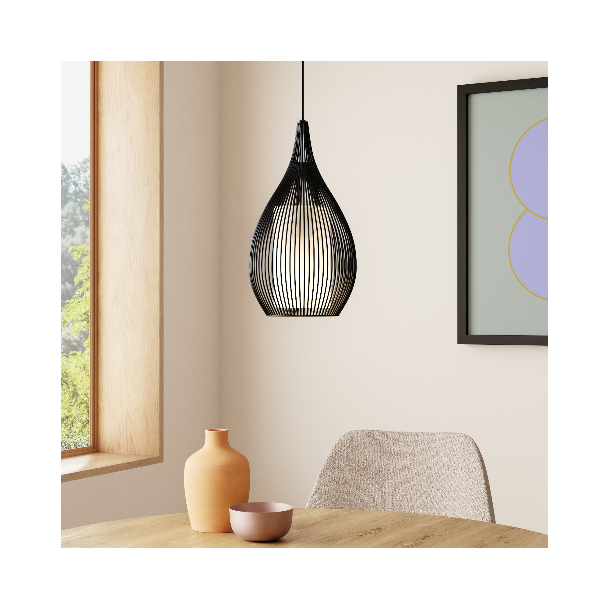 Lotus Teardrop Metal Cage Single Pendant, Black
