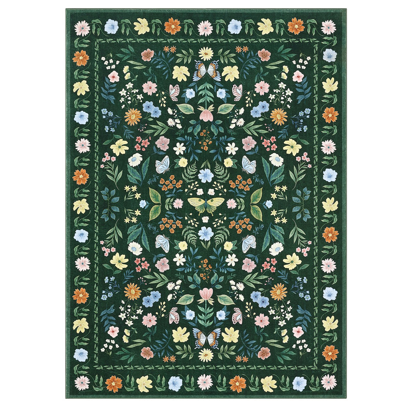 Washable Rugs for Living Room, Floral Animal Print Area Rug with Non Slip Backing, Low Pile & Stain Resistant Botanical Soft Accent Carpet for Dining Room, Under Table, Bedroom, Nursery