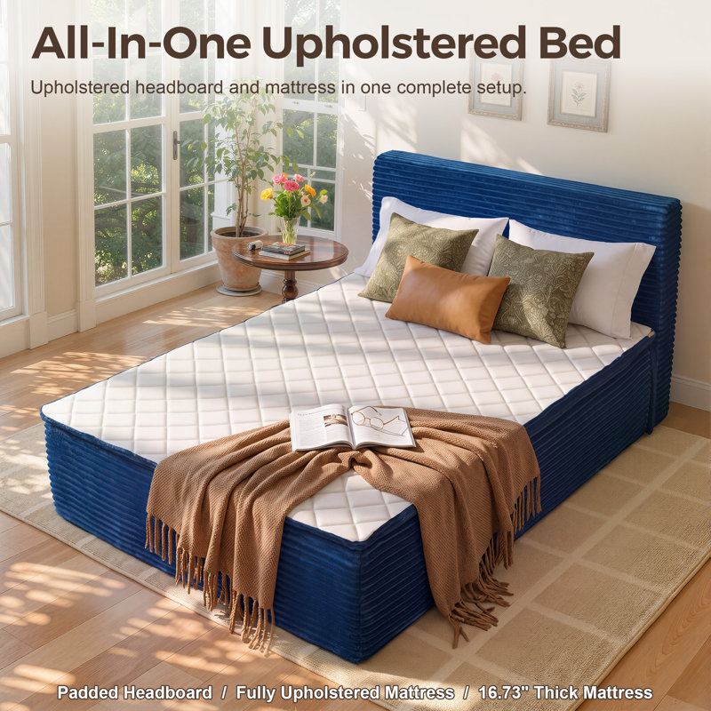 Full 16" Extra-Thick Memory Foam Mattress with Headboard, All-in-One Bed, No Assembly Platform Bed, Medium Firm, No Box Spring Needed