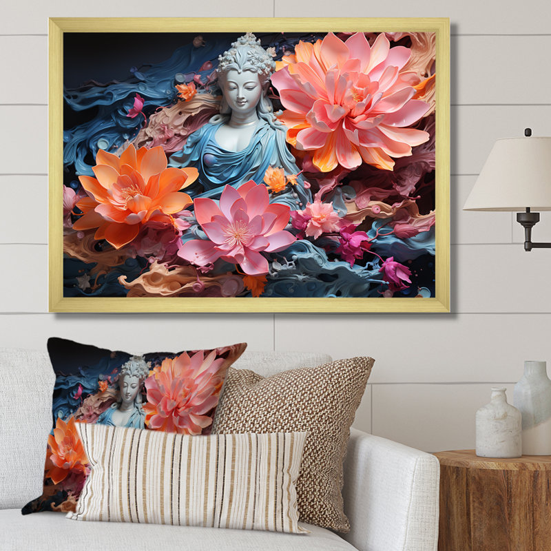 Statue de bouddhisme en fleurs sur toile, H 34 po x l 44 po x P 1,5 po, Cadre doré simple