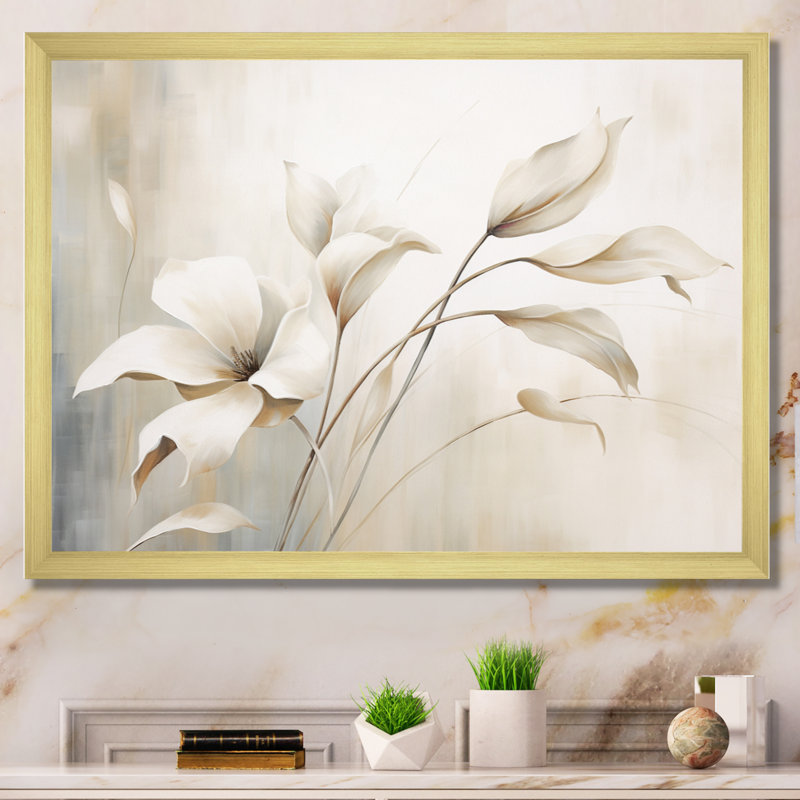 Élégance botanique blanche III - Botanique abstraite, art mural, Cadre doré simple, H 34 po x l 44 po x P 1,5 po