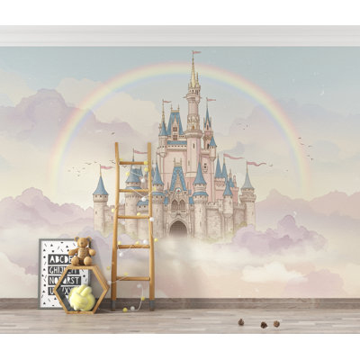 Rainbow Fairytale Castle Wallpaper – Princess Wall Mural, Watercolor Medieval Castle Peel and Stick 348DRE