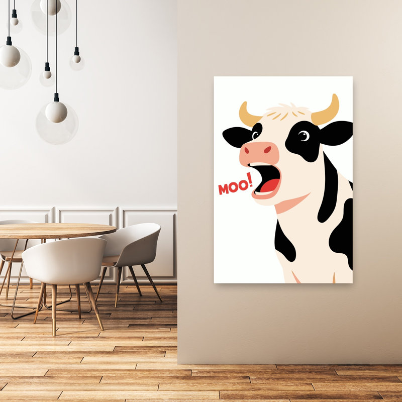 Vache drôle et meuglante - Illustration abstraite contemporaine représentant une vache dans un paysage naturel, 48" H x 32" W