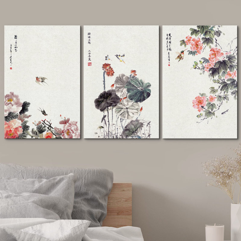 Décoration murale moderne à l'encre de chine, fleurs et oiseaux, Toile tendue, H 24 po x l 48 po