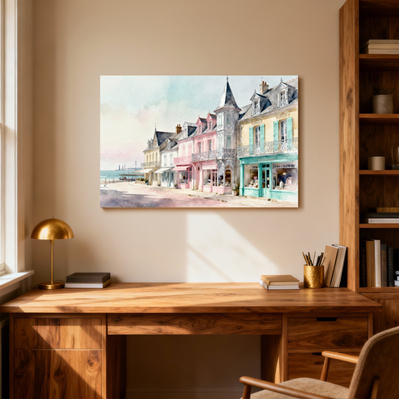 Scène de ville, paysage urbain et côtier à l'aquarelle, H 16 po x l 24 po