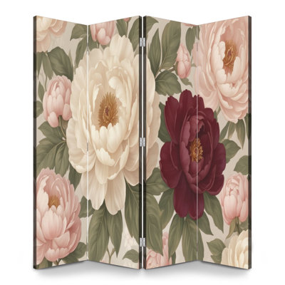 Cloison pliante 6 panneaux à motif de pivoines rétro et fleur de rose crème et feuilles vertes