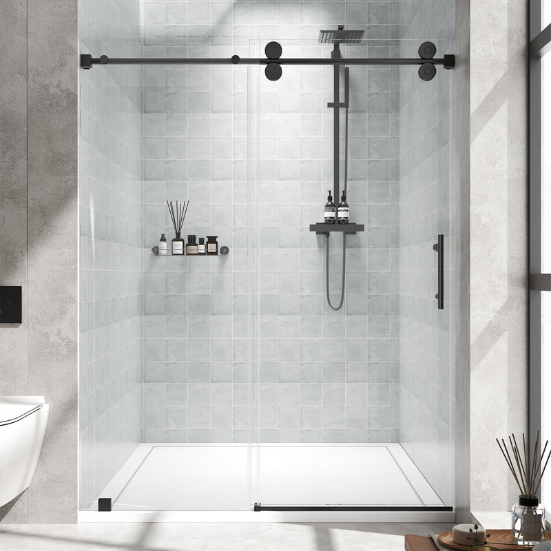 44–48" W x 76" H Frameless Single Sliding Shower Door with 5/16" Tempered Glass and Stainless Steel Hardware, Matte Black