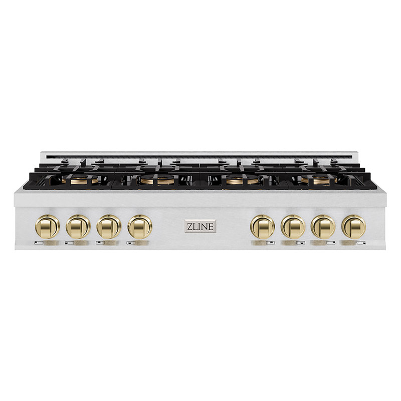 ZLINE Autograph 48 in. Satin Steel Classic Rangetop with 8 DuoPro Burners and Black Accents, Polished Gold