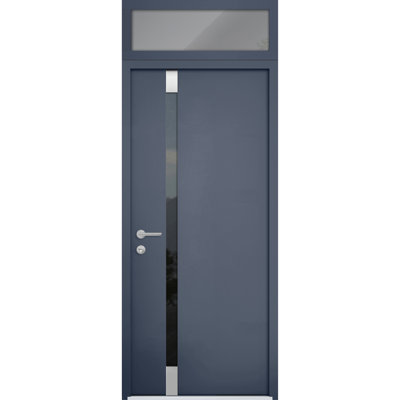 Front Exterior Prehung Steel Door Cynex 6777 Grey Top Exterior Window Stainless Inserts Single Modern Painted-W36 x H80+16-Right-hand Outswing