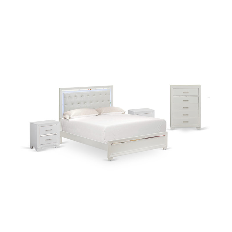 Ensemble de chambre à coucher 4 pièces avec grand lit à tête de lit à DEL et 2 petites tables de chevet rectangulaires, commode style Mid-Century - fini blanc