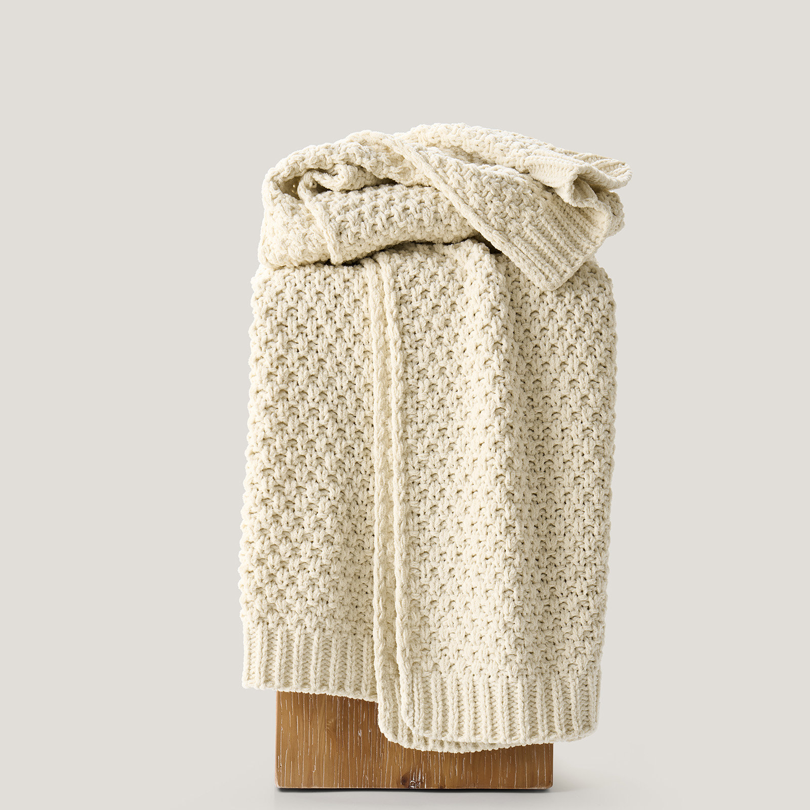 Chunky Chenille Knit Throw Blanket, Beige, 60" L x 50" W