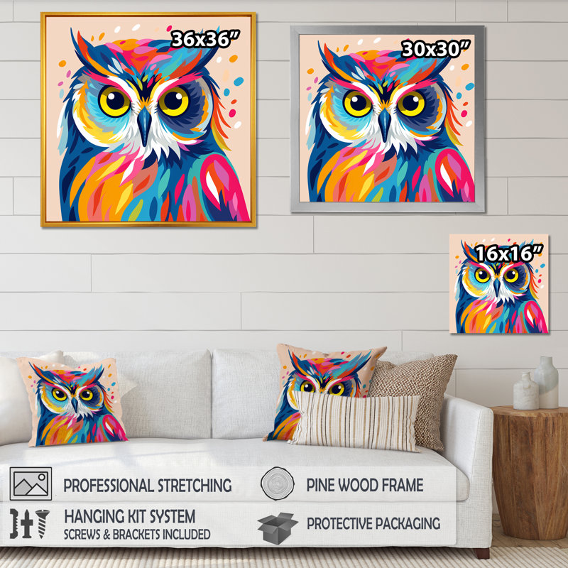 Chouette colorée Popart Watchers II - hibou, art mural animal, Cadre flottant noir, H 36 po x l 36 po x P 1,5 po