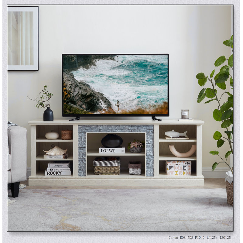 Large TV Desk Storage Rack with Faux Stacked Stone, Media Console Table with Ample Shelving and Cable Management