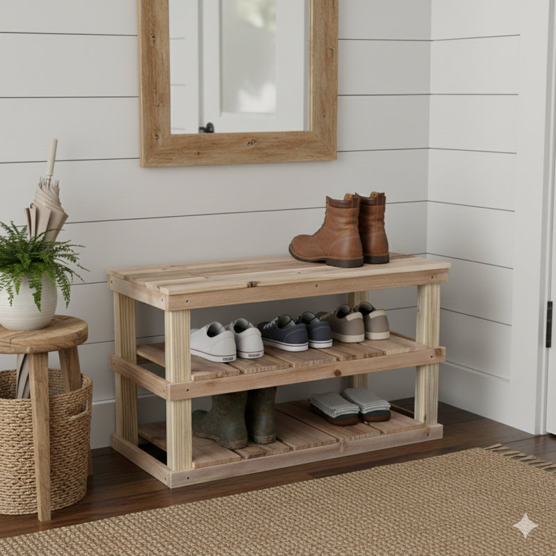 Banc de rangement pour chaussures en bois massif 8 paires, Naturel
