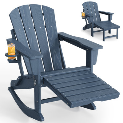 Chaise berçante pliante Adirondack avec repose-pieds rétractable, chaise berçante extérieure en PEHD toutes saisons, bois texturé avec porte-gobelet pour patios, terrasses, jardins, foyers