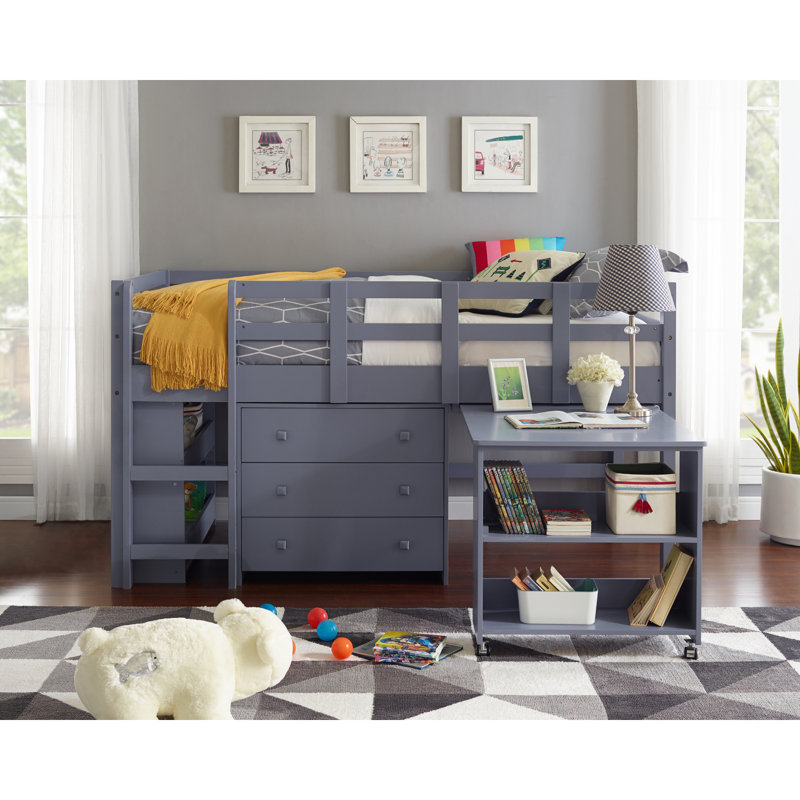 Eirwen Twin Loft Bed, Desk Low Study Kids with Storage Pine Wood with Cabinet Ladder, Bookcase Shelf, Gray