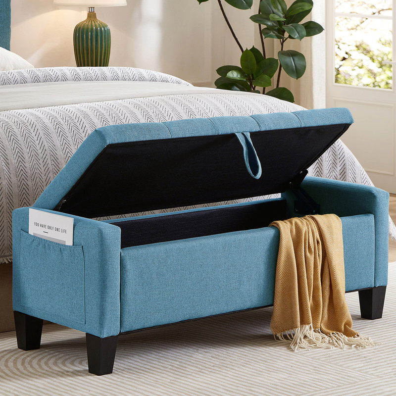 45"W Upholstered Mid-Century Modern Lift-Top Ottoman, Blue