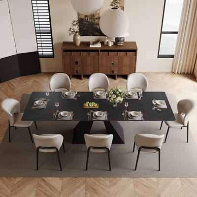 63-95" Modern Dining Table Set With 8 Grey Faux Leather Dining Chairs