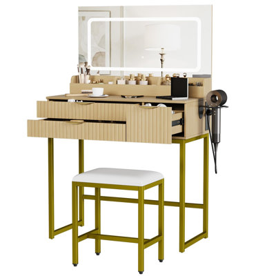 Modern Bedroom Vanity Table With Stool Lighted Mirror Power Outlet And Storage Drawers