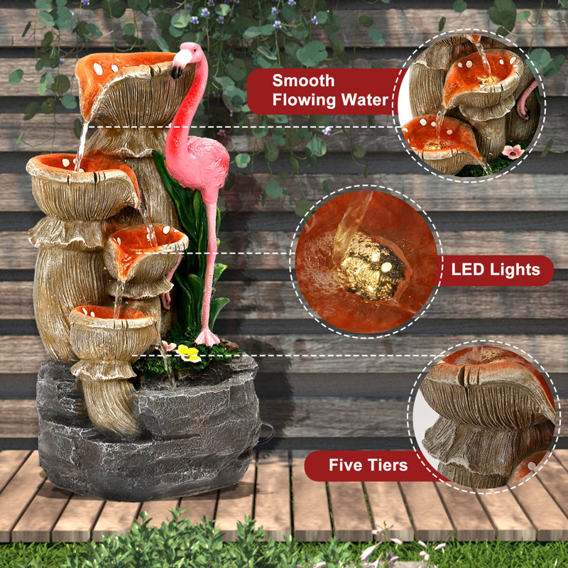 24.4" H 5 Tier Outdoor Flamingo Rock Fountain with Running Water and 5 LED Lights