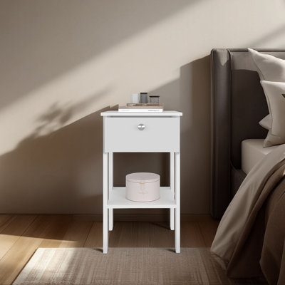 Table de chevet moderne blanche avec tiroir simple et tablette de rangement ouverte