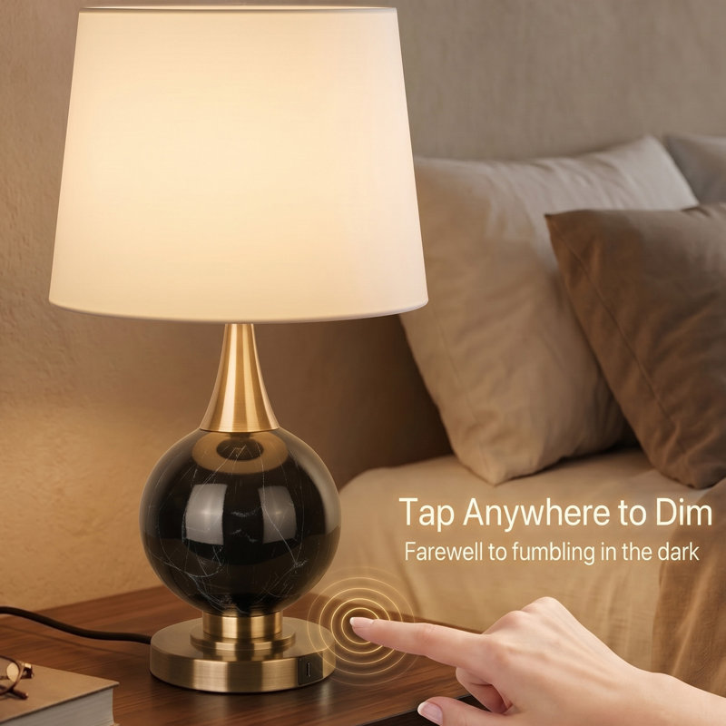 23.5" Modern Metal Table Lamp with USB-A & Type-C Charging Ports, 3-Way Dimmable Touch Control, Black Marbleized / Antique Brass