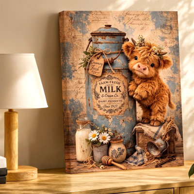 Highland Cow Farm Fresh Milk Rustic Vintage Country Cottage Canvas Wall Art Print, Coordinated Colour Rustic Vintage Cottage Poster Artwork For Living Room Decor, Gallery Wall Accent