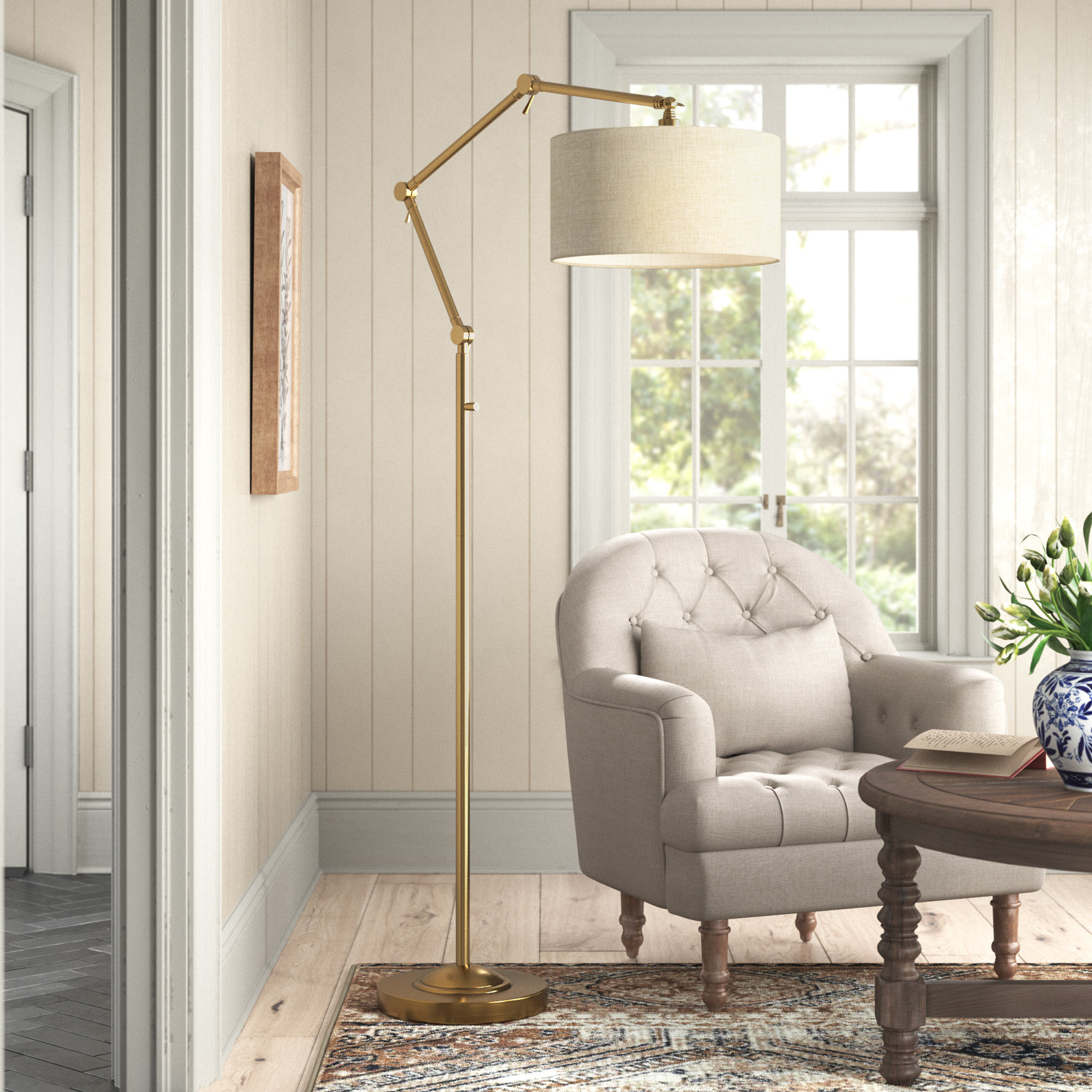 77'' Dimmable Swing Arm Floor Lamp, Brass