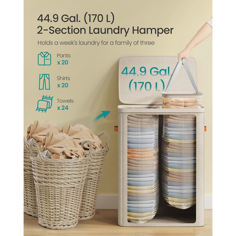 Laundry Hamper With Lid, 2 Compartment Laundry Basket With Removable Liners And Handles, Large Capacity Clothes Sorter Organizer For Laundry Room, Bedroom And Bathroom, Cappuccino Beige