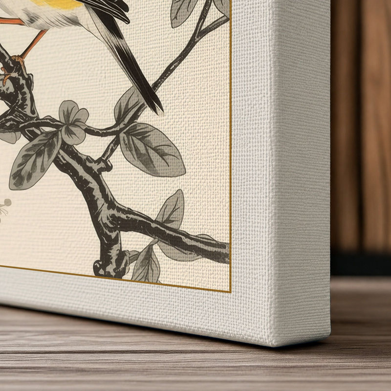 Bird Among Peonies Japandi - Wrapped Canvas, 18x12 - 45.7 x 30.5 cm, Cream Border