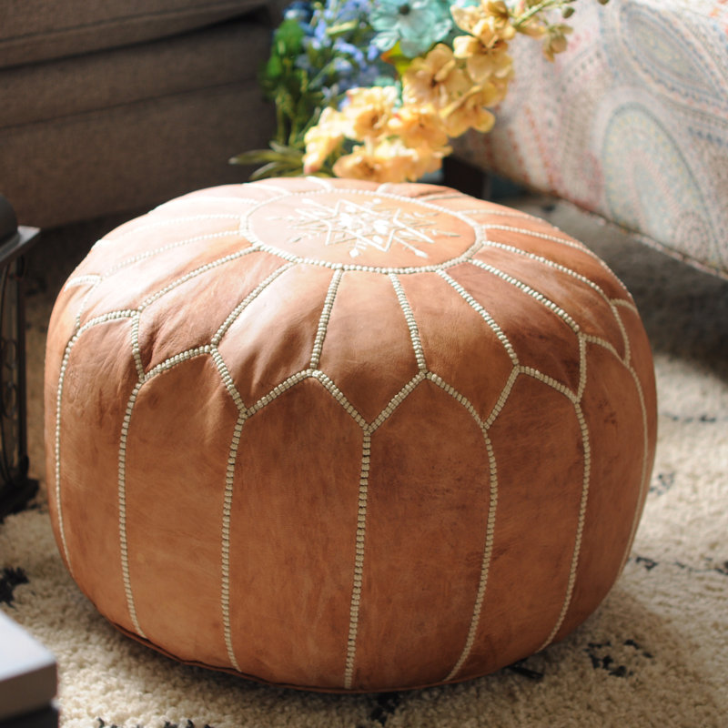 Upholstered Pouf, Morrocan Leather Tan, Tan