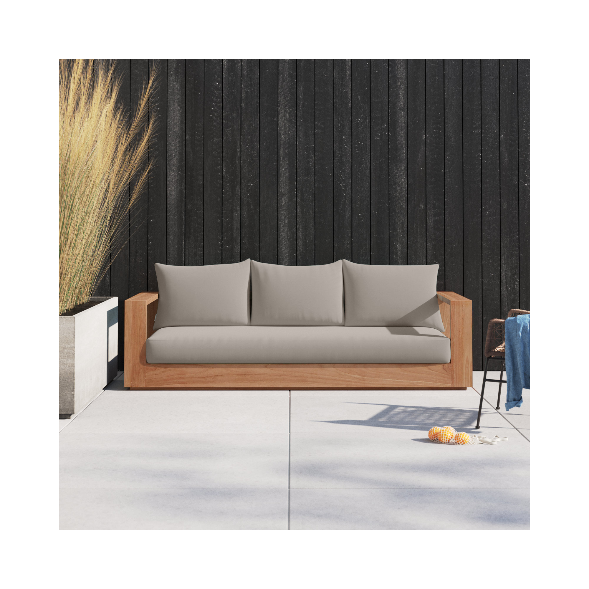 Gazel 87'' Wide Teak Patio Sofa with Cushions, Gray